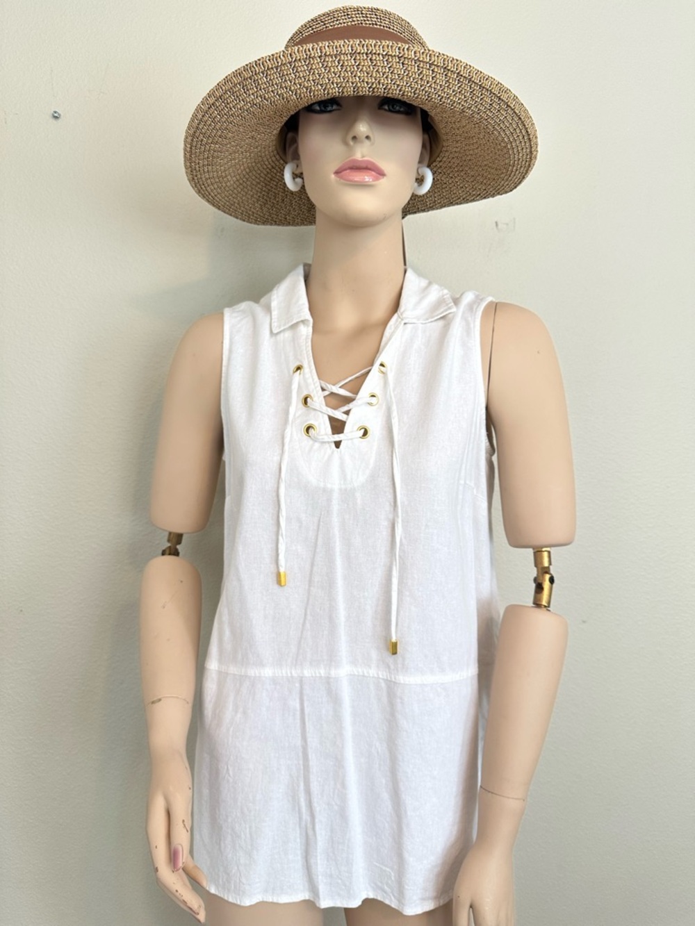 Ellen Tracy Linen White Lace-Up Nautical Summer Sleeveless Top